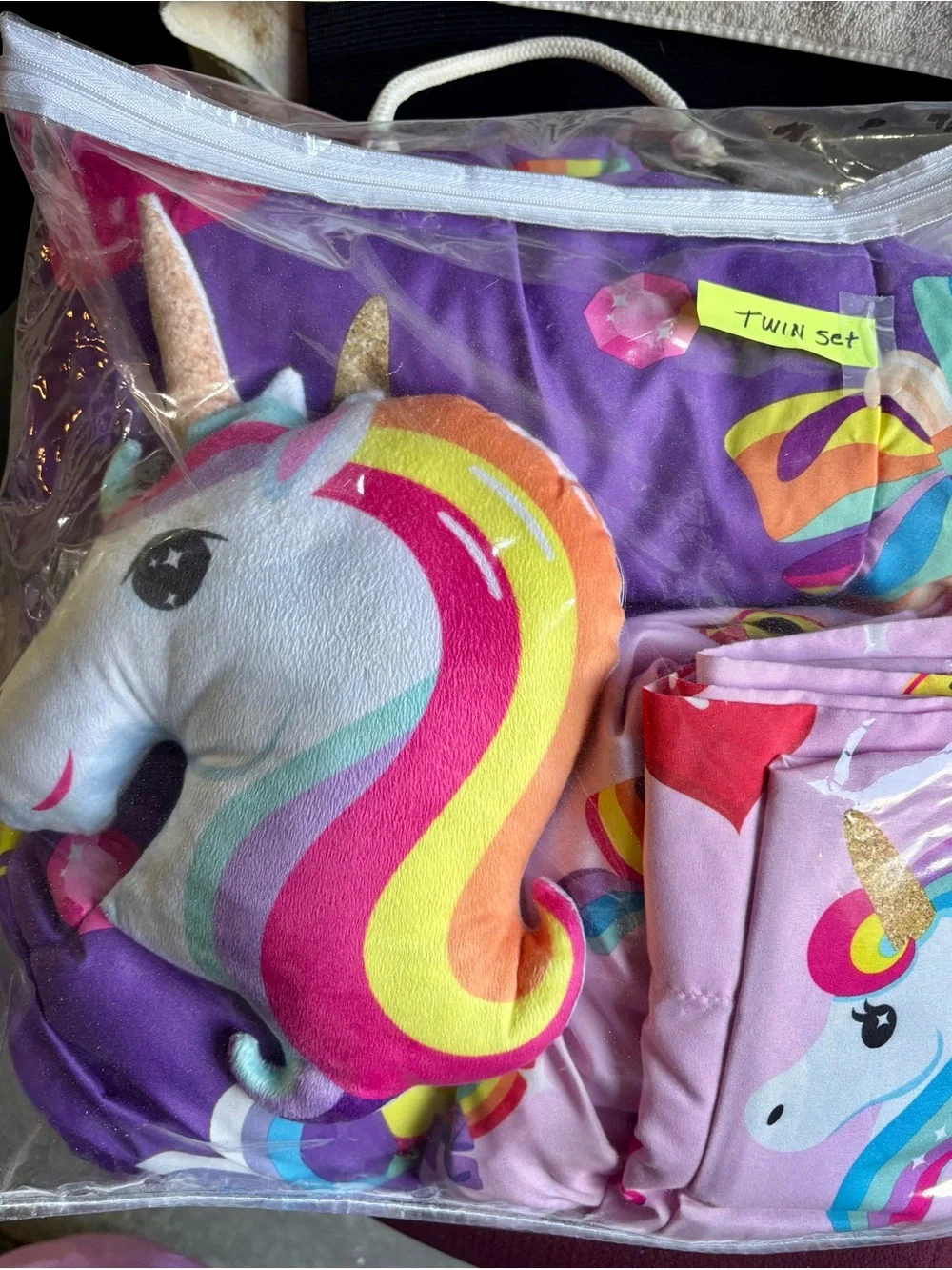 Unicorn Twin Bedding Set with Plush Pillow - Bright Rainbow Colors